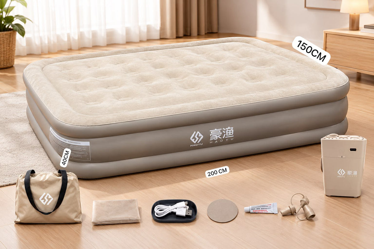 Premium Air Mattress with Rechargeable Pump – Flocked Top, 40 cm High (Single / Double)