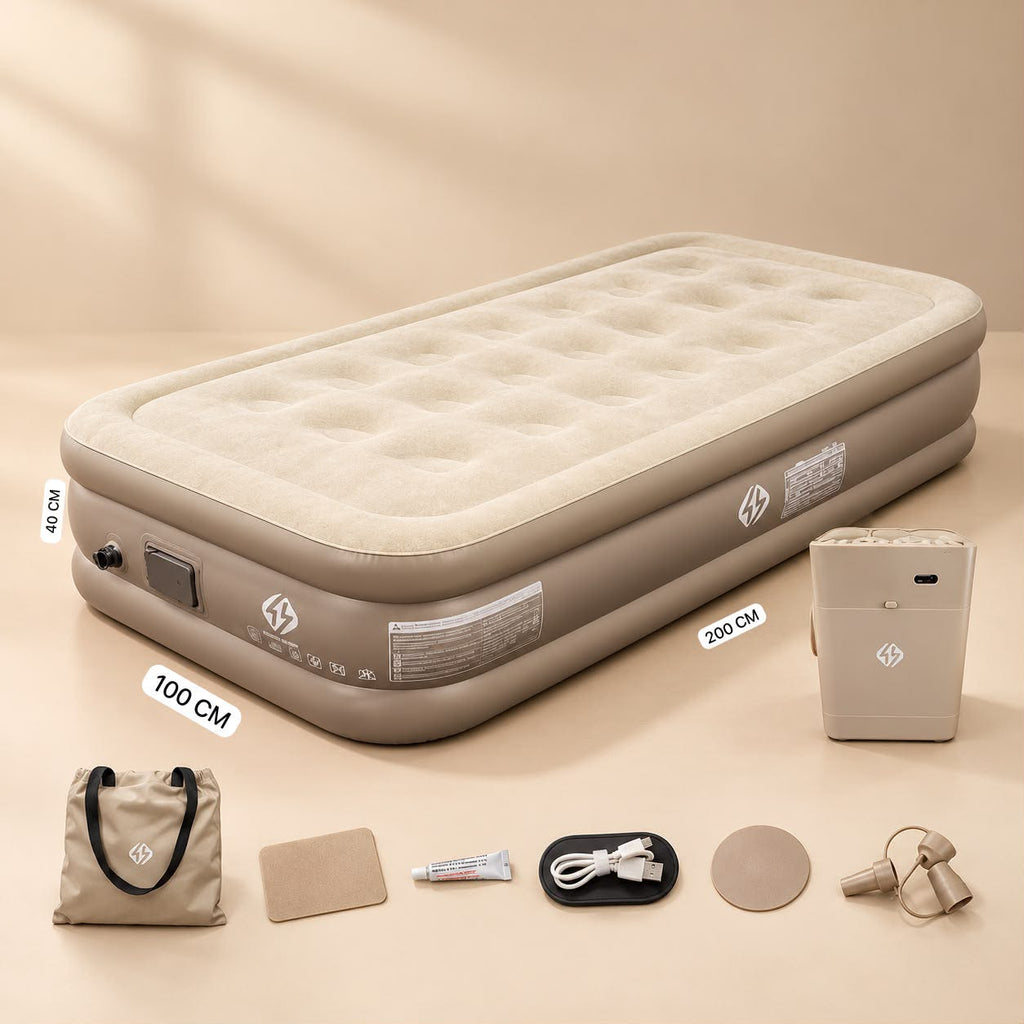 Premium Air Mattress with Rechargeable Pump – Flocked Top, 40 cm High (Single / Double)