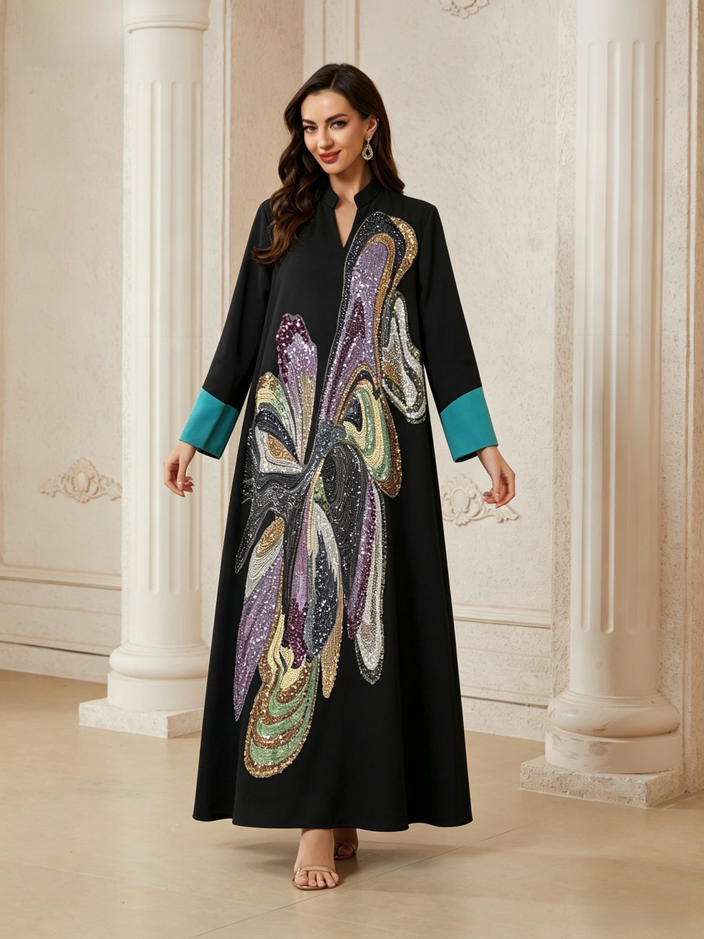 Elegant Floral Beaded Long Robe for Women